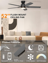 Ohniyou Ceiling Fans with Lights, 52'' Low Profile Ceiling Fan with Light and Remote/APP Control, Modern Flush Mount Ceiling Fan for Indoor Bedroom Living Room, Dimmable, Quiet DC Motor, Black