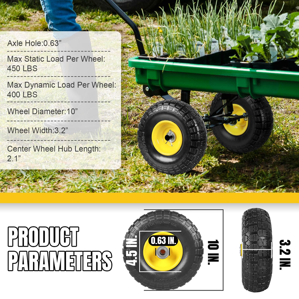 10 Inch Soild Rubber Dolly Tire Wheels, 4.10/3.50-4" Tire and Wheel Flat Free for Garden Carts, 5/8" Bearings,2.1"Offset Hub for Hand Truck, Gorilla Cart, Wheelbarrow Metal (4 Packs)