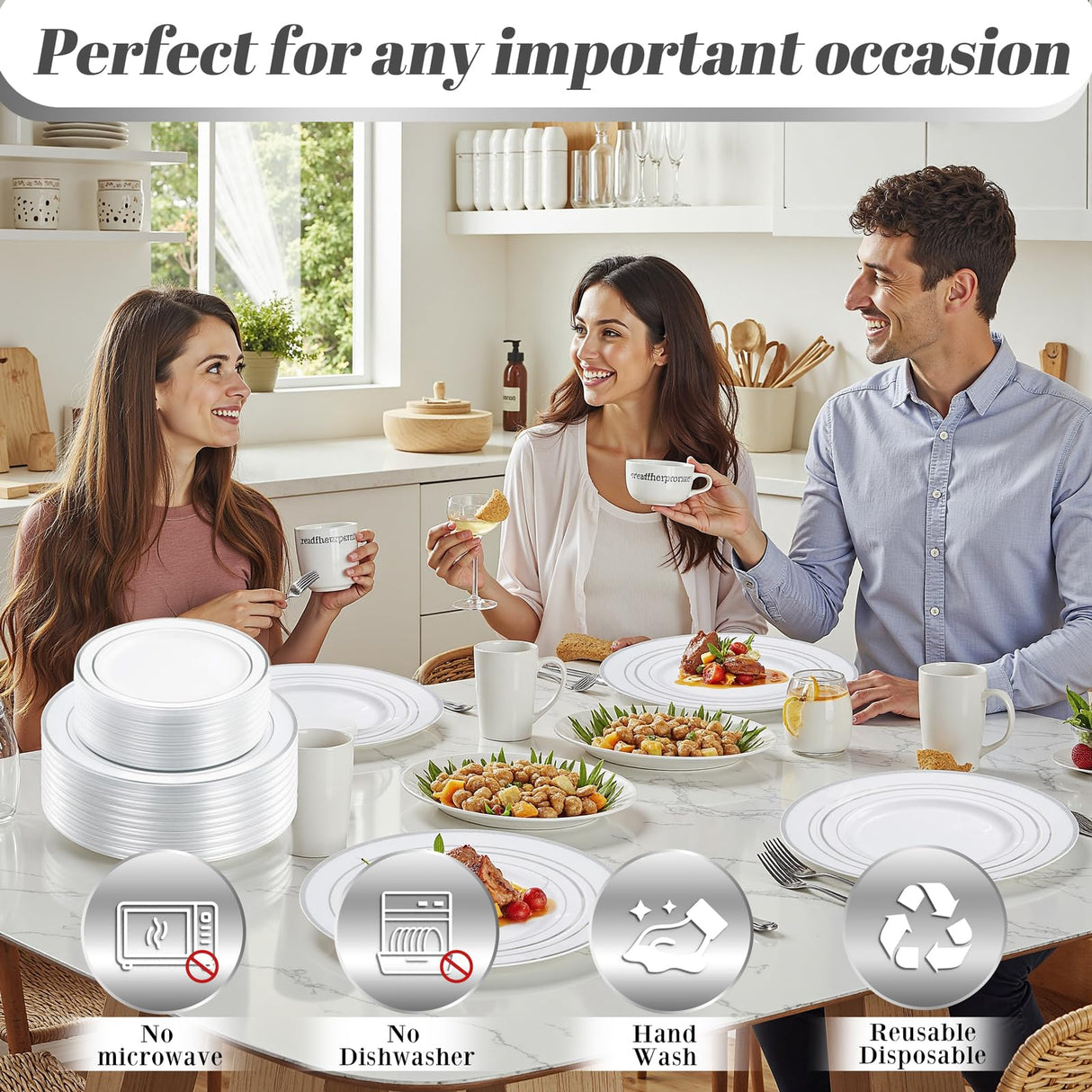 WDF 120PCS Plastic Christmas Plates White Silver Rim - Disposable Plates including 60PCS for Dinner 10.25inch, 60 Salad/Dessert Plates 7.5inch Heavy Duty Wedding
