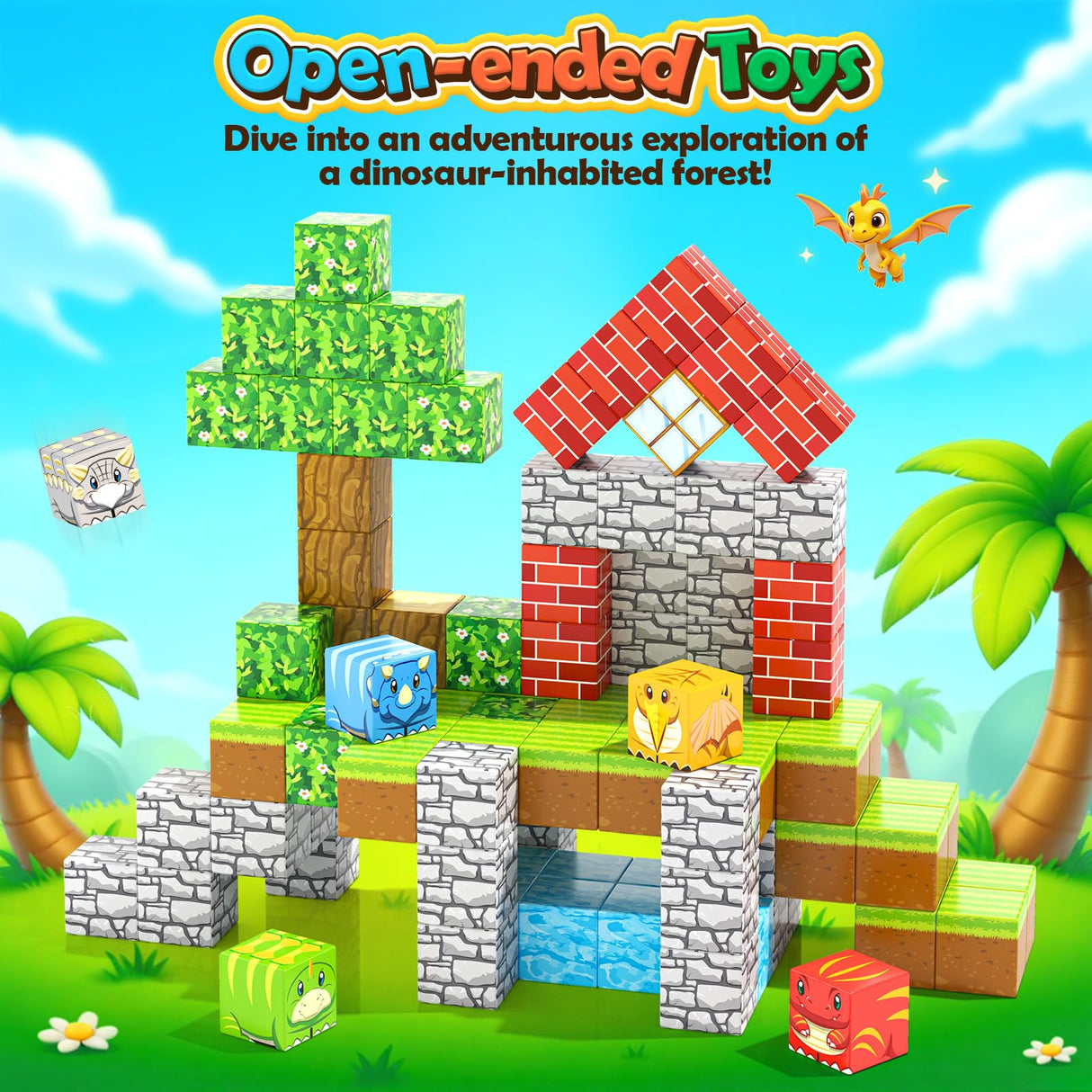 100PCS Magnetic Blocks - Build Mine Magnet World Forest Dinosaur Edition, Sensory STEM Construction Building Toys Kids Games for Toddler Christmas Birthday Gifts for 3 4 5 6 7 8 Years Old Girls & Boys