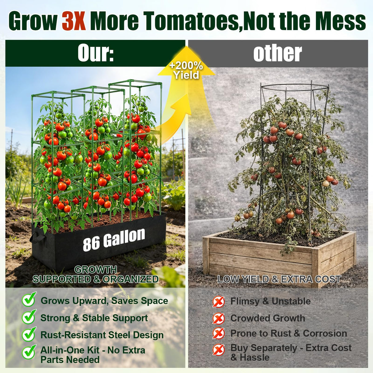 BobbleT 3 Pack Heavy Duty Tomato Cages with 86 Gallon Grow Bag, 41" Adjustable Tomato Trellis for Raised Garden Bed, Sturdy Square Plant Support for Climbing Vegetables, Cucumbers & Garden Plants