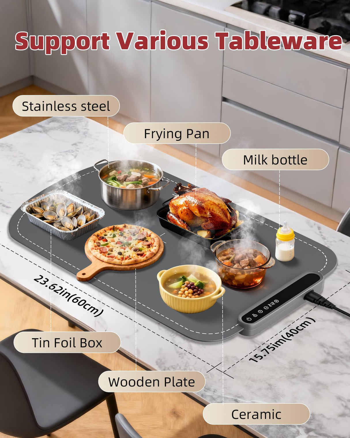 Warming Mat for Food, Upgraded Fast-Heating Electric Warming Tray with 7 Temp Levels & 8 Timers, Buffet Raised Feet & Rollable Silicone Heat Pad, Portable Food Warmer for Home, Party & Travel