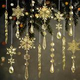 18pcs Crystal Christmas Ornaments for Christmas Tree Decorations-Gold Hanging Acrylic Snowflake and Icicle Ornaments with Drop Pendants for New Year Party Decorations Supplies