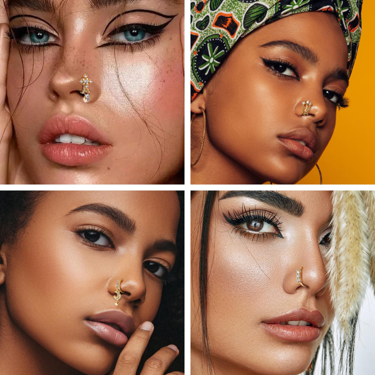 Florideco 12Pcs Nose Cuff Fake Nose Ring Hoop Clip on Nose Rings CZ Dangle Cartilage Tragus Ring Nose Cuff Non Piercing for Women Men Gold
