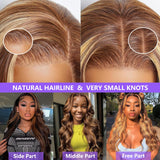 Honey Blonde Ombre Lace Front Wig Human Hair Highlight Body Wave 13X6 Lace Front Wigs Human Hair Pre Plucked HD Frontal 180 Density Glueless 4/27 Highlighted Human Hair Wig 26 Inch