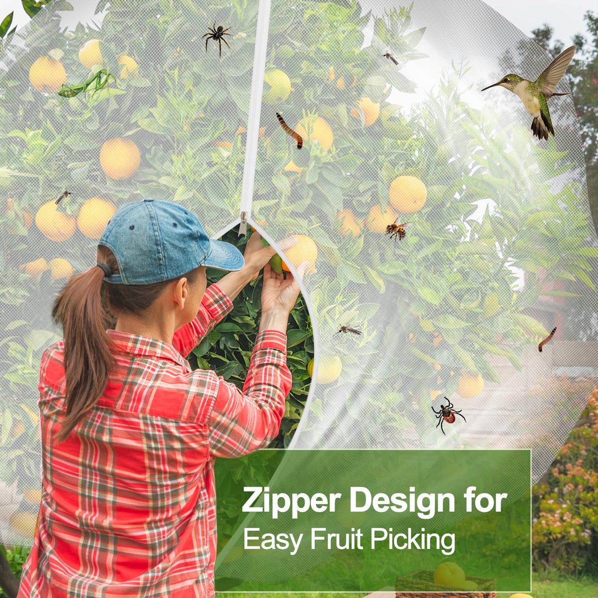 5-Pack 10 * 10FT Fruit Netting Bags for Fruit Trees, Bird Netting Safeguard Apple Trees and Blueberry Bushes from Birds, Pest and Deer, Cicadas Netting Cover with Zipper and Drawstring