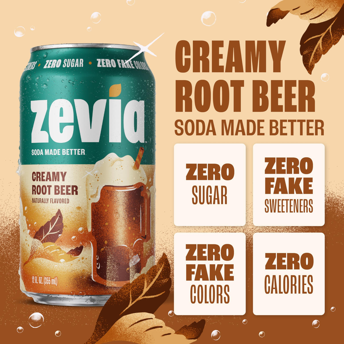 Zevia Zero Sugar Soda, Creamy Root Beer, 12 oz Cans (24-Pack) – Naturally Sweetened, Non-GMO Project Verified, Gluten-Free, Vegan