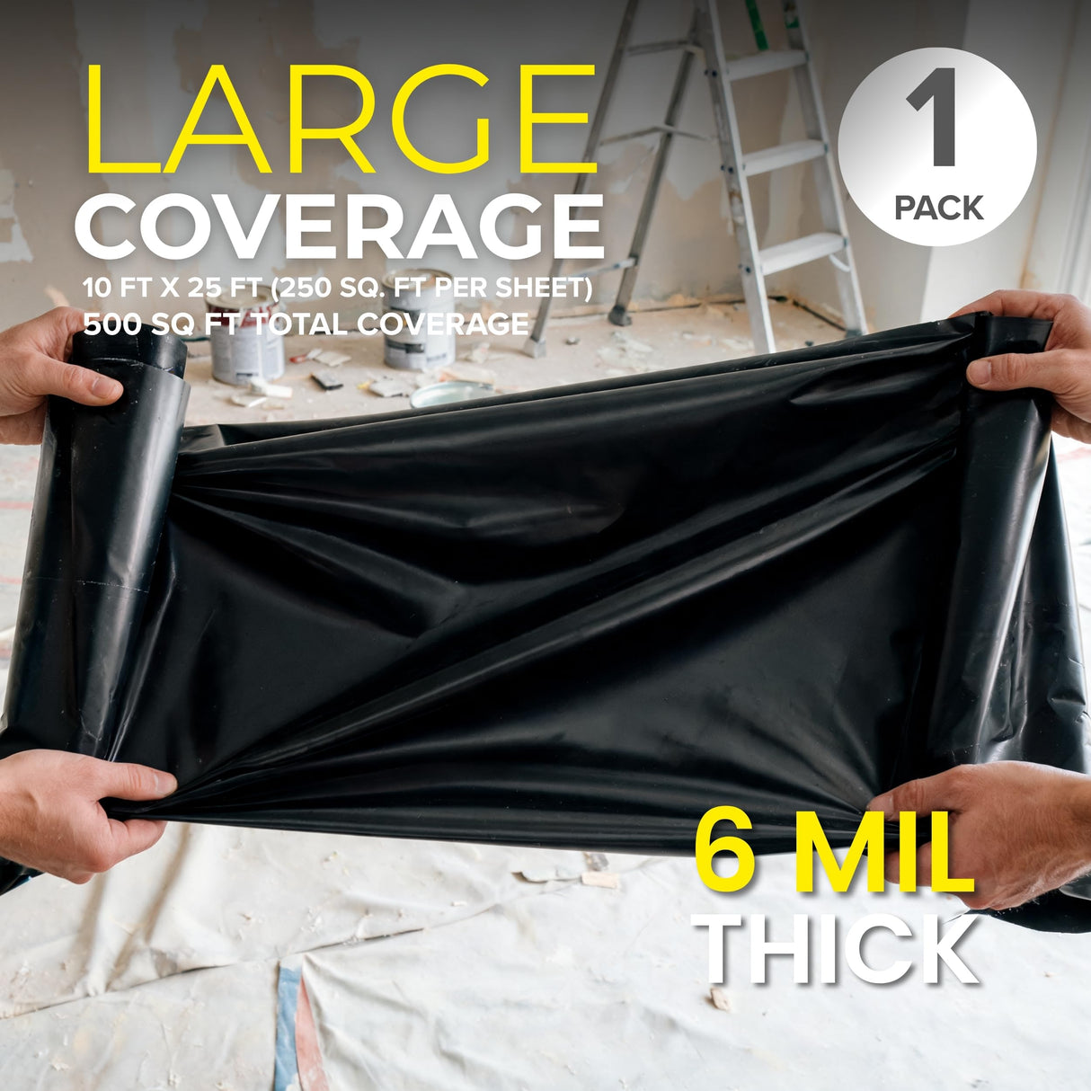 Plastic Sheeting (10' x 25') Long, 6 Mil (Black) - UV Protection Poly Sheeting Polyethylene Film, Heavy Duty Greenhouse Plastic Sheeting