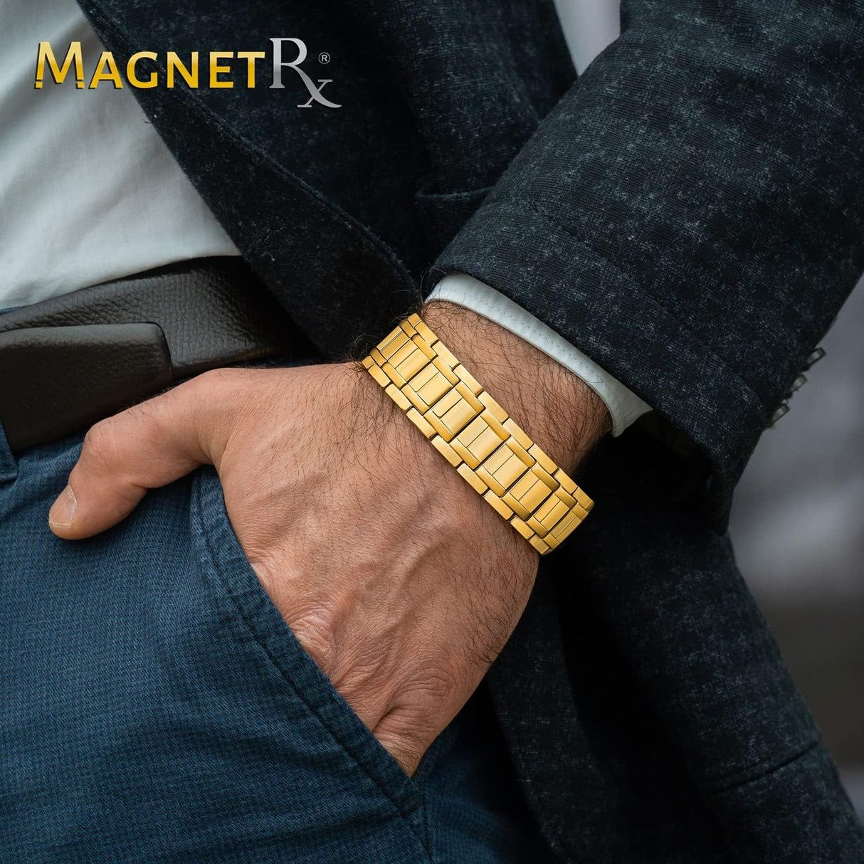 MagnetRX® 3x Strength Magnetic Bracelets for Men – Effective Magnetic Mens Titanium Bracelet – Premium Fold–over Clasp & Adjustable Length with Sizing Tool & Gift Box (Gold)