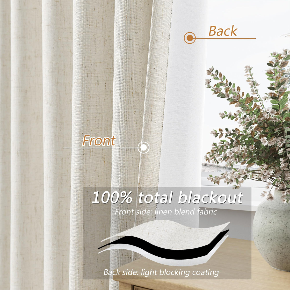 Guken 100% Blackout Linen Curtains 84 Inch Long for Bedroom 2 Panels Cream