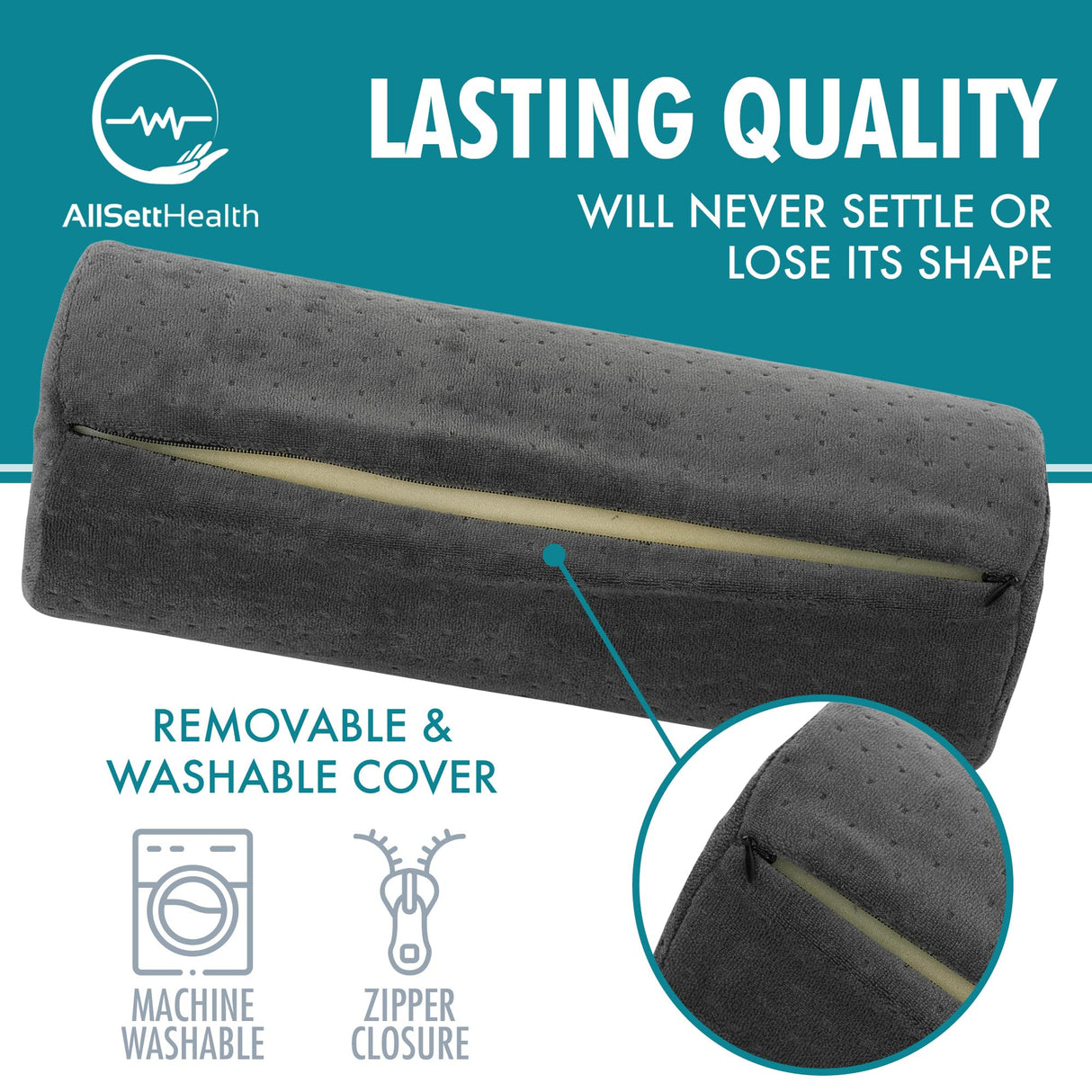 AllSett Health Round Cervical Roll Cylinder Bolster Pillow with Removable Washable Cover, Ergonomically Designed for Head, Neck, Back, and Legs, Grey