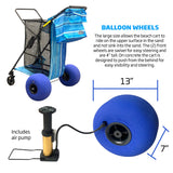 Beach Cart Balloon Wheel Deluxe Heavy Duty Folding Ocean Utility 13” x 7” Sand Wheels Holds 4 Folding Chairs Umbrella Holder Removable Beach Bag Blue Striped Pattern