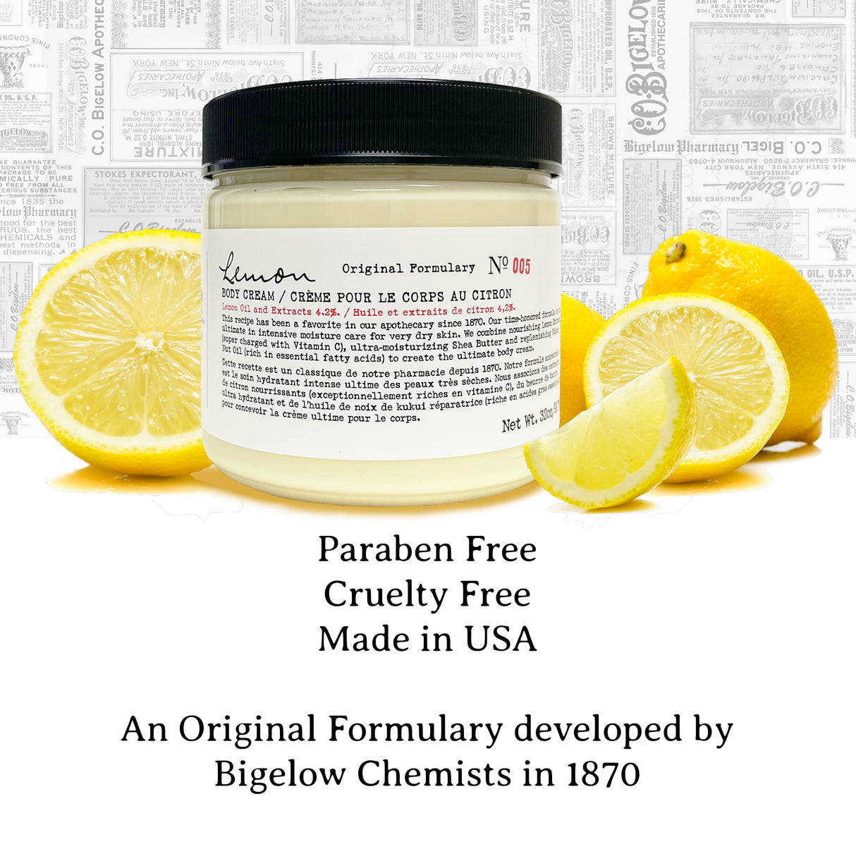 C.O. Bigelow Lemon Body Cream, Moisturizing Body Cream with Shea Butter, Kukui Nut Oil, Lemon Oil and Extracts for Dry Skin, 32 oz.