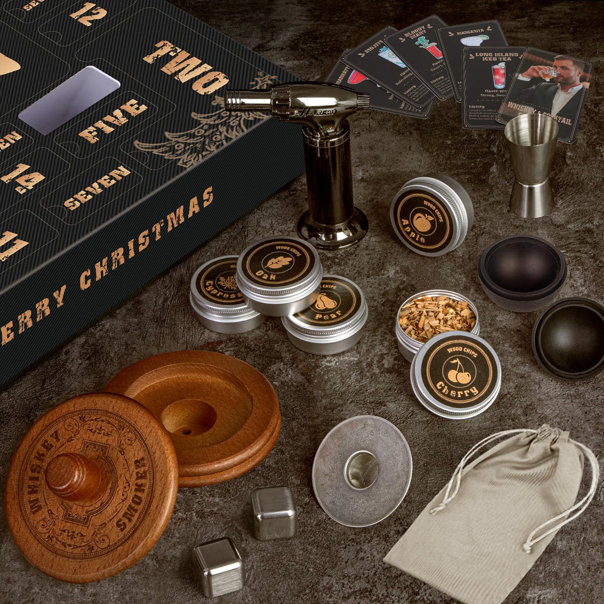 Whiskey Advent Calendar 2026 for Men, 24 Day Bourbon Smoker Infuser Kit for Cocktail and Whisky Lovers, Perfect Christmas for Husband, Dad, Boyfriend, Him(NO Butane, Glass)