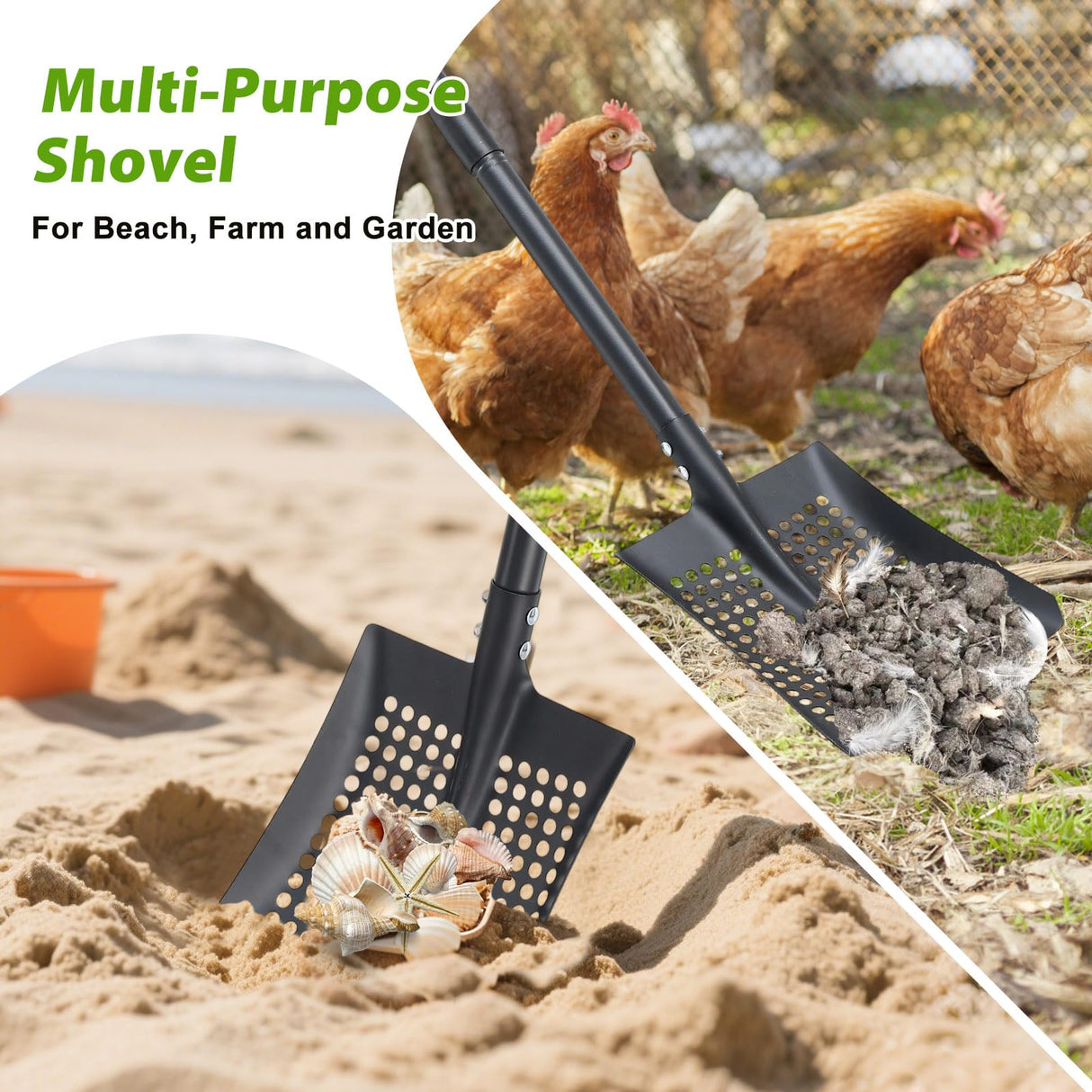 Sifter Shovel for Chicken Coop, 47 Inch Heavy Duty Beach Sifting Shovel for Sand Rock Poop Cleaning, Metal Detector Shovels for Farm, Gardening, D-Grip Handle, Square Gardening Shovels