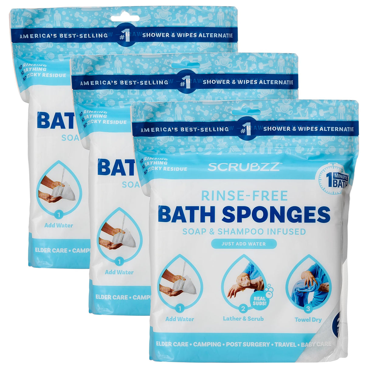 Scrubzz Disposable No Rinse Bathing Wipes - All-in-1 Single Use Shower Wipes, Simply Dampen, Lather, and Dry Without Shampoo or Rinsing (Unscented, 3-Pack)