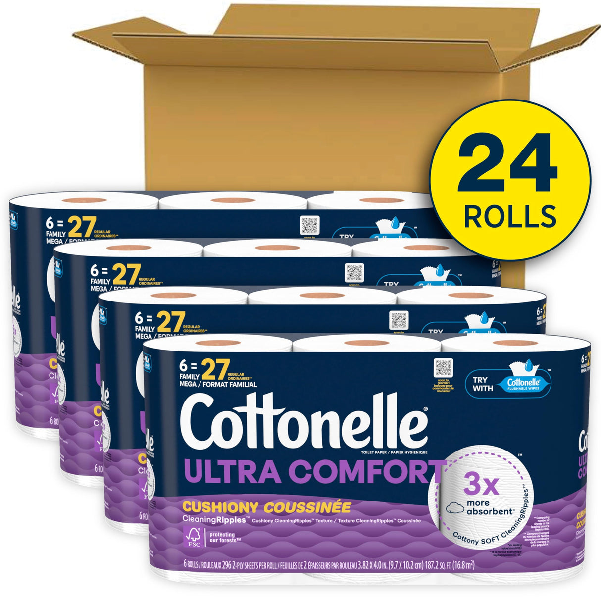 Cottonelle Ultra Comfort Toilet Paper with Cushiony CleaningRipples Texture, Strong Bath Tissue, 24 Family Mega Rolls = 108 Regular Rolls (4 Packs of 6)