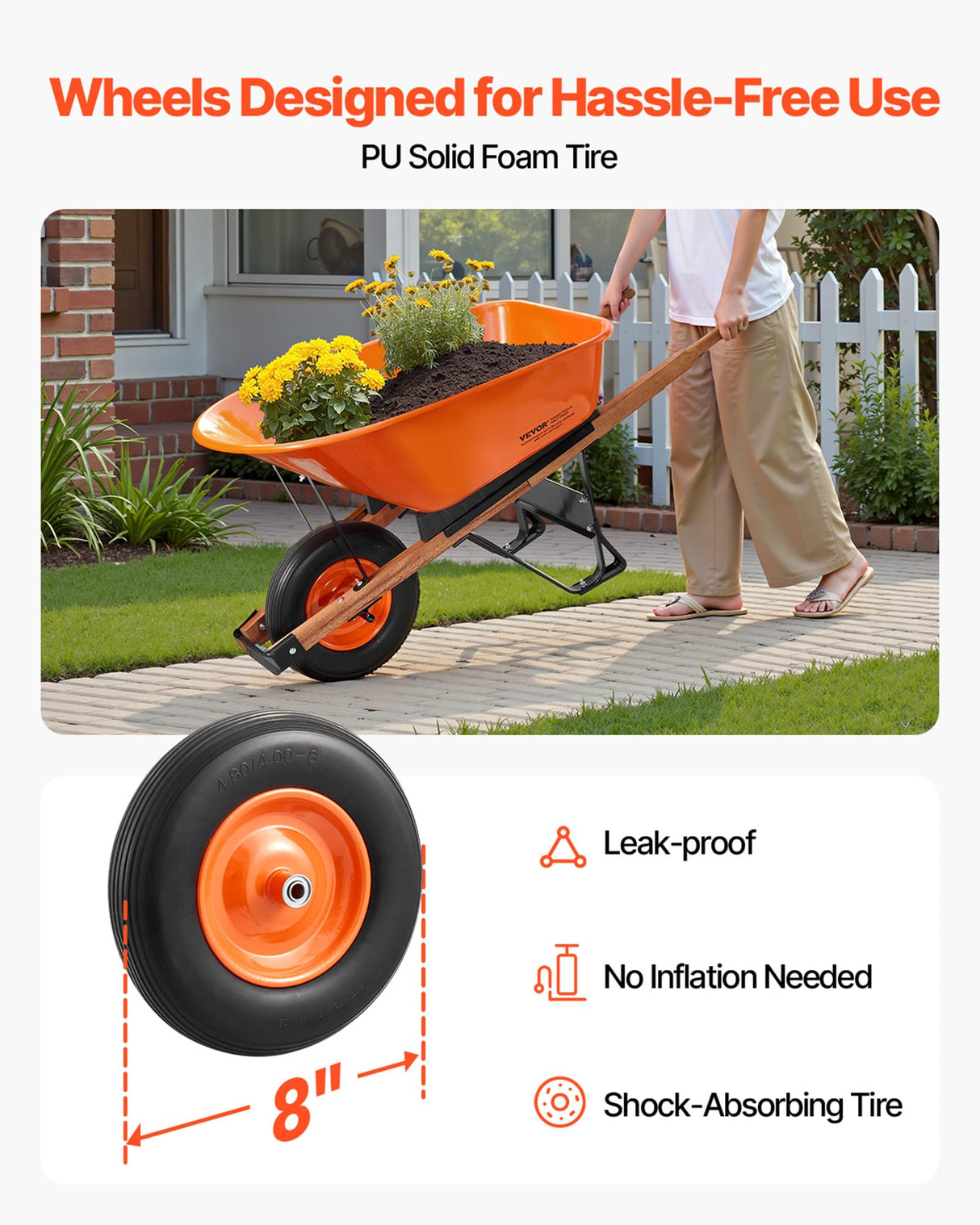 VEVOR Wheelbarrow Cart, 6 Cu. Ft. Load & 330 lbs Capacity, One Wheel Garden Dump Cart Wheel Barrow with Metal Handle & 16" Wide Track Wheels, Easy Loading Utility Yard Cart & Wagons for Lawn Farm