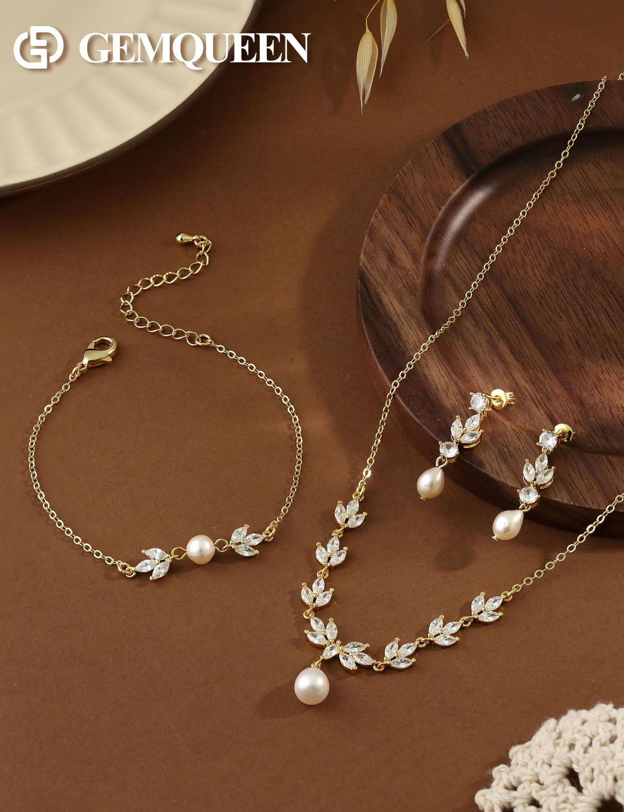 GEMQUEEN 14K Gold Plated Pearl Jewelry Set 925 Sterling SIlver Post