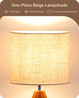 EDISHINE Tripod Table Lamp, Small Cute Bedside Lamp with Linen Beige Lampshade, Nightstand Lamp for Nursery, Bedroom, Kid Room, Living Room, Light Brown Wooden Base, E26 Socket, 14.2 Inch