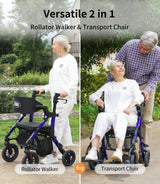 VOCIC Transport-Wheelchair-Lightweight-Foldable, Walker Wheelchair Combo, Rollator-Walkers-for-Seniors-with-Seat, 2 in 1 Rolling Walker, 300lb Adults 4 Wheel Transport Chair w/Brakes & Pouch-FSA HSA