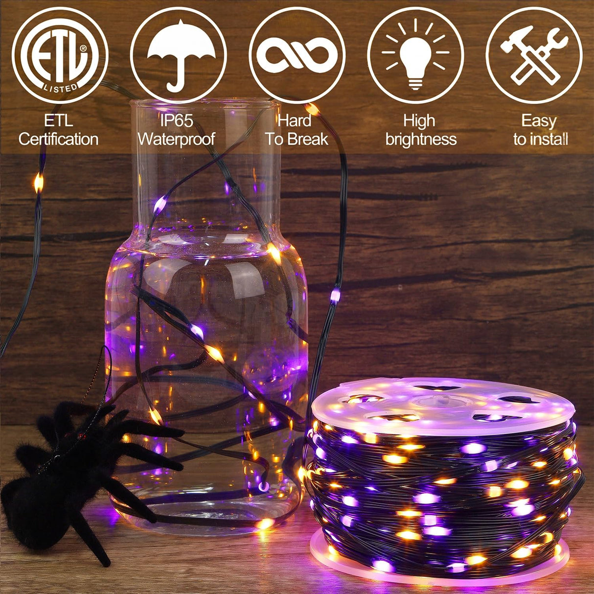 WATERGLIDE Extra Long 328FT Halloween Lights, 1000 LED Outdoor Fairy String Lights, Green PVC Copper Wire Christmas Light, Plug in 8 Modes & Waterproof for Tree Party Home Yard Decor, Orange&Purple