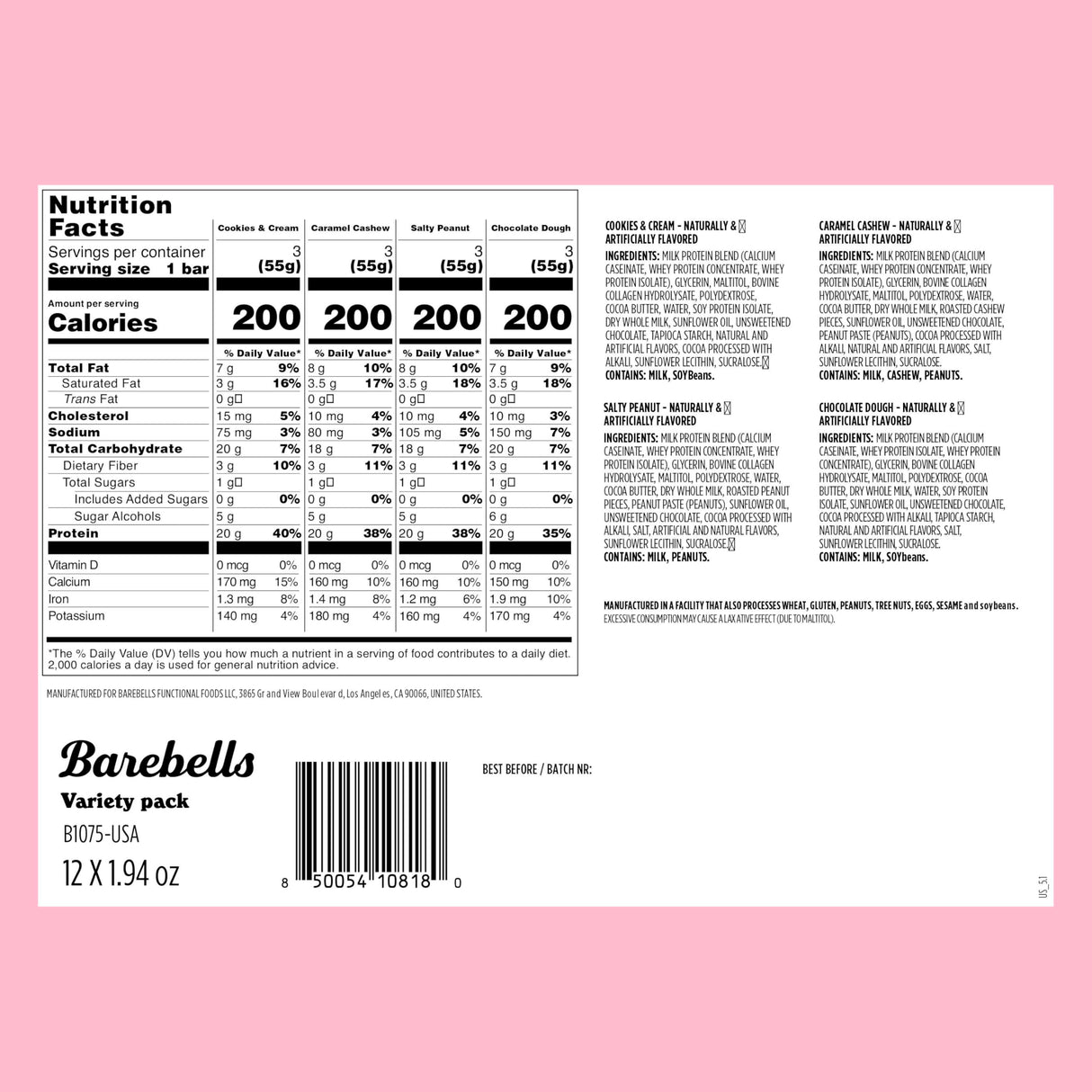 Barebells Protein Bars Variety Pack - 24 Bars (2 Packs of 12), 20g High Protein Treats - Chocolate Nutrition Bars with No Added Sugar - On-The-Go Breakfast or Post-Workout Snack