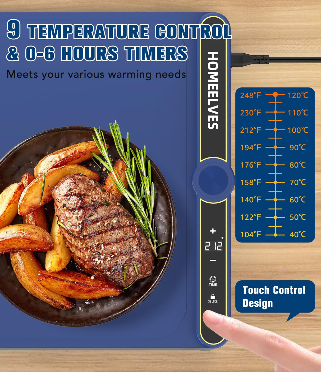Food Warming Mat, Rapid Heating Electric Warming Tray with 9 Temp Setting and 6 Hours Timer,Foldable Warming Trays for Food, Portable Food Warmers for Parties Buffet, Blue