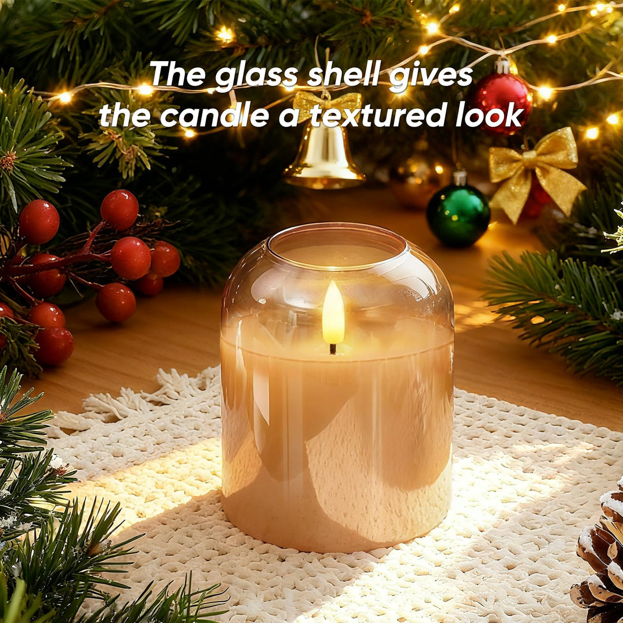Homemory Glass Flameless Candles, Battery Operated Plliar Candles Realistic Flickering, LED Electric Light with Remote and Timer for Home, Christmas Decoration, Gold, Set of 3