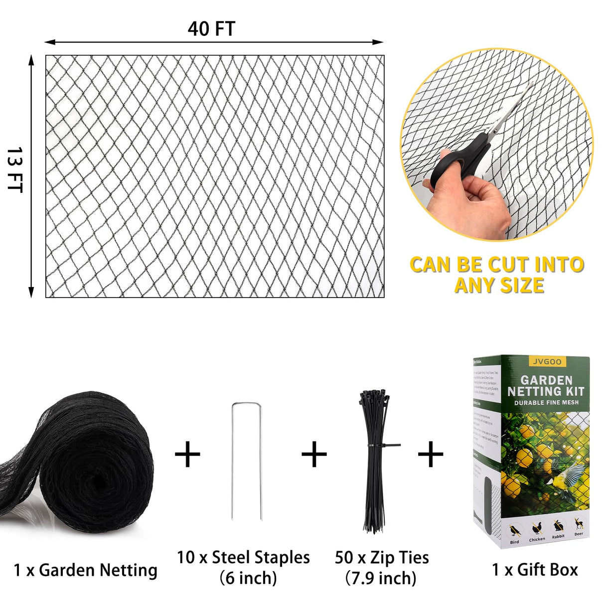 Jvgoo Bird Netting for Garden, 13 x 40 FT Bird Netting for Chicken Coop, Heavy Duty Garden Poultry Net Mesh with Ties and Staples for Fruit Trees Vegetables Against Birds, Deer, Squirrels