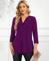 Timeson Fall Tops for Women 2025: 3/4 Sleeve Sparkly - Christmas Outfits for Women - Business Casual Tops Holiday Dressy Cocktail Party Classy Blouses Fancy Tunics Flowy Loose Fitted Clothes Purple M