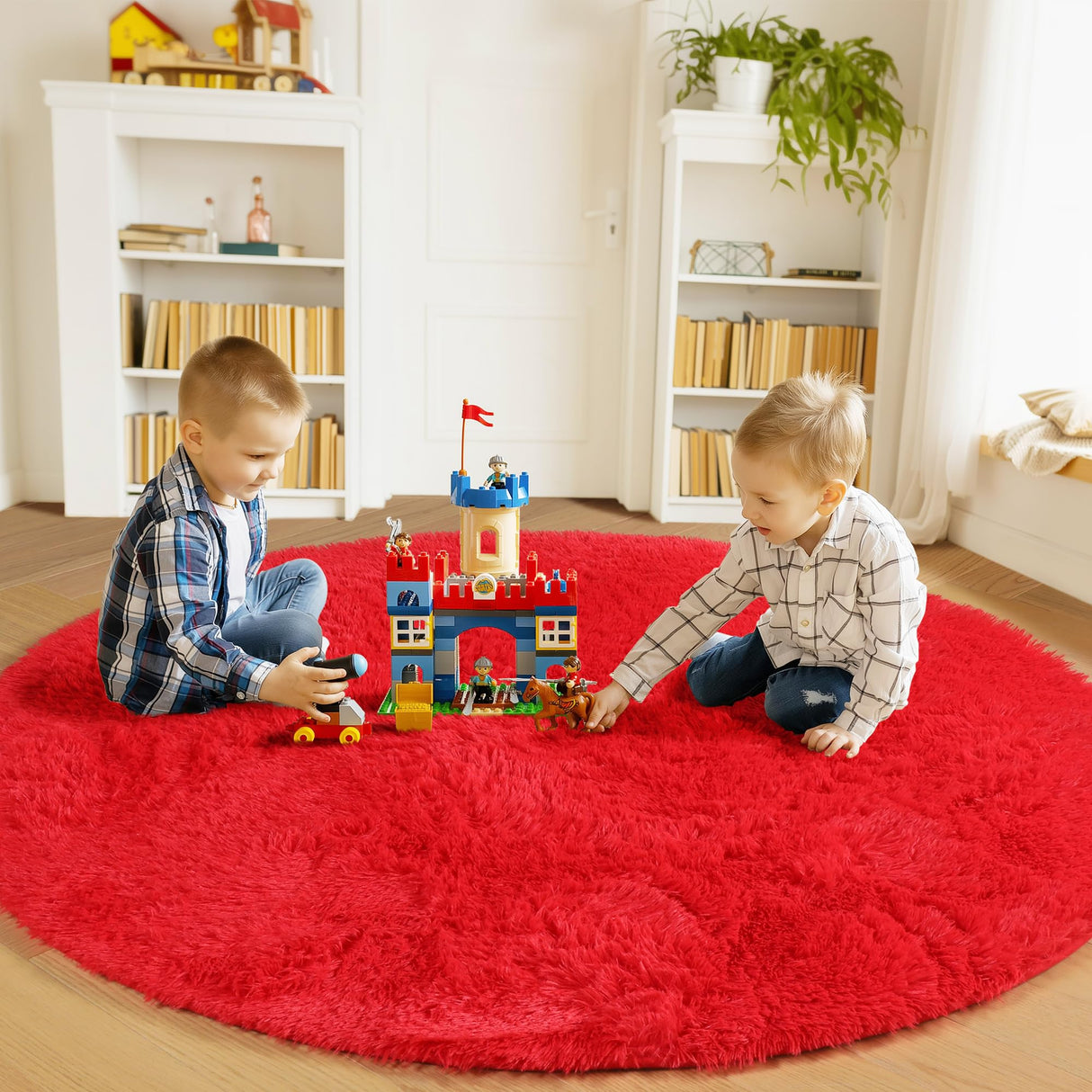 ONASAR Red Round Area Rug 4x4, Soft Bedroom Circle Rugs Floor Mat for Kids Girls Teen Room, Kawaii Fluffy Plush Shaggy Carpet for Nursery Living Room Playroom Christmas Home Decor Princess Castle