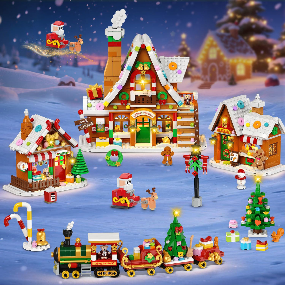 PLAXSOON Christmas Gingerbread House Village Mini Building Set with Lights, 1955 PCS Holiday Village Building Block Toy with Xmas Tree Train Santa for Home Decor, Gift for Adults Kids Girls Boys 14+