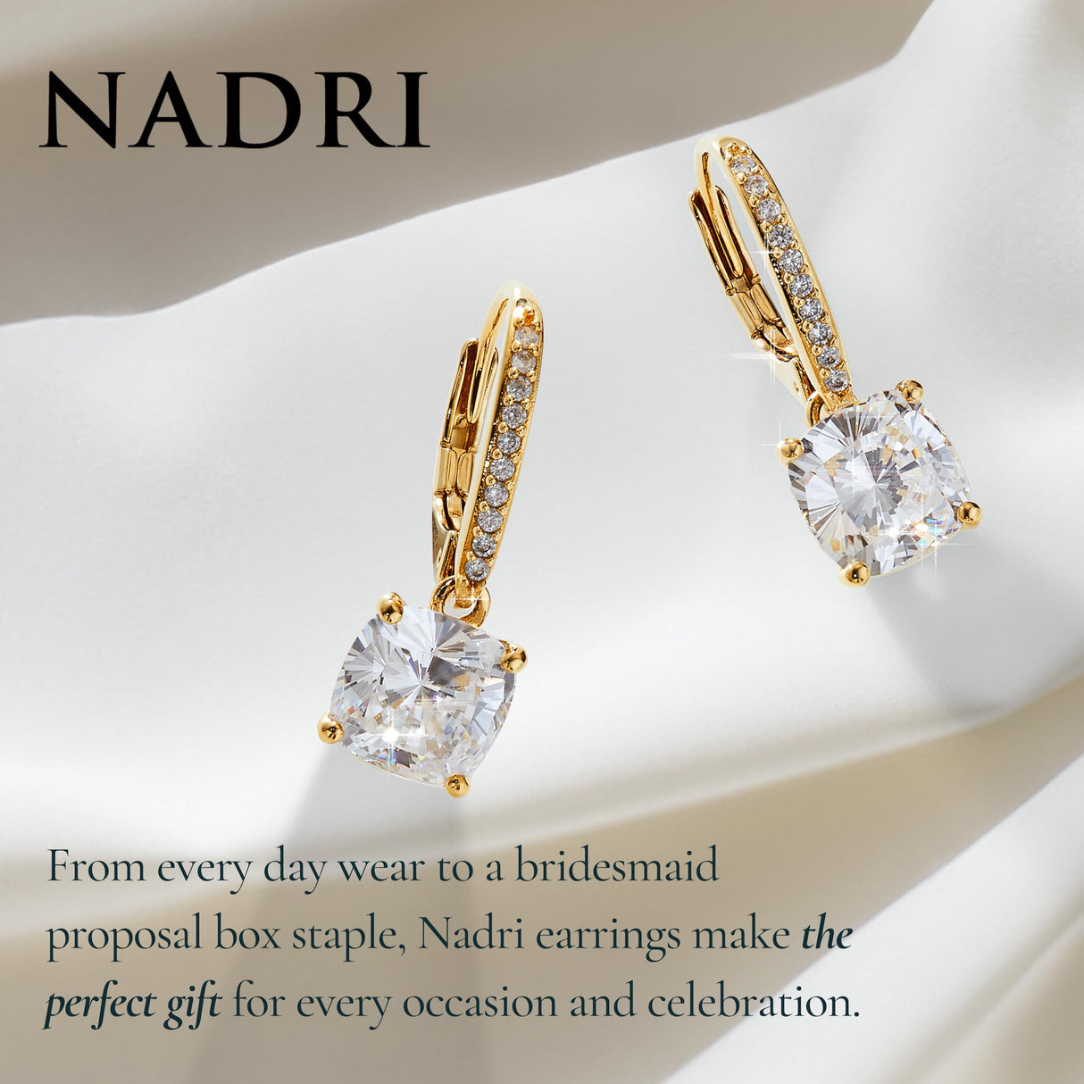 NADRI Cushion Cut CZ Leverback Earrings, 18K Gold Plated