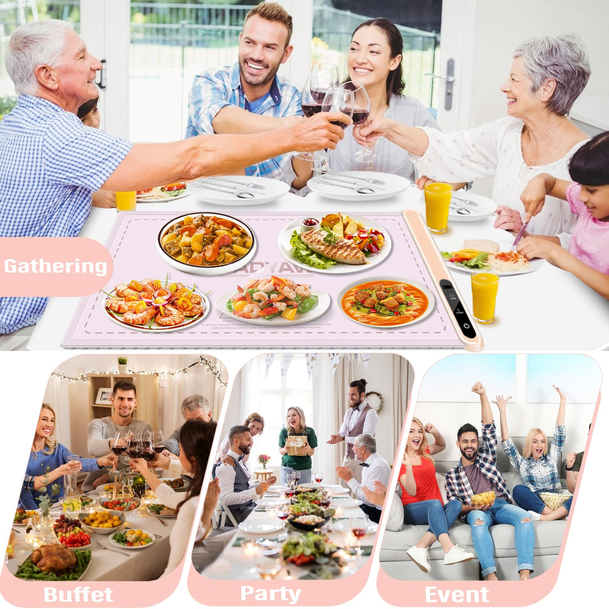 Warming Mat for Food Warmer Heating: Electric Silicone Hot Trays & Warm Buffer Plate 7-Level Temperature Control,Foldable Heat Pad,Keep Dishes Heater,Gift for Kitchen & Party - Rose Quartz