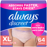 Always Discreet Adult Incontinence Underwear for Women and Postpartum Underwear, Extra Large, Up to 100% Bladder Leak Protection, 64 Count (2 Packs of 32)