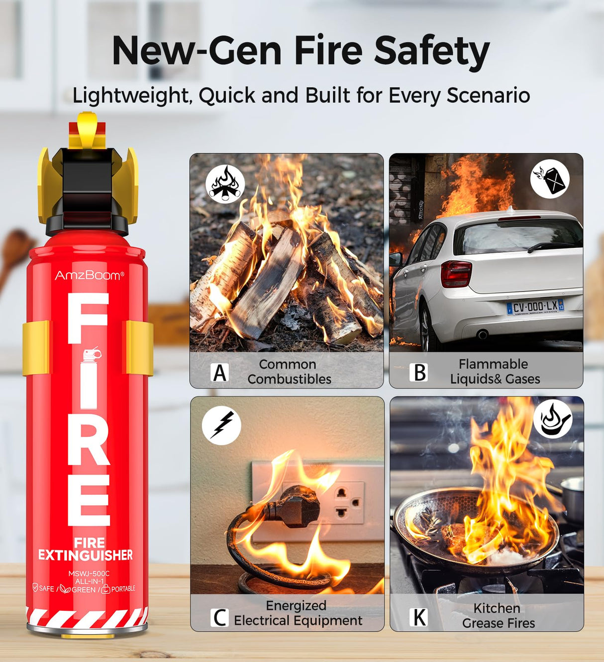 AmzBoom 2-Pack Fire Extinguisher Kit,Compact ABCK Spray for Home, Kitchen, Car, Grill | Eco-Friendly, Anti-Reignition | Mounting Bracket.