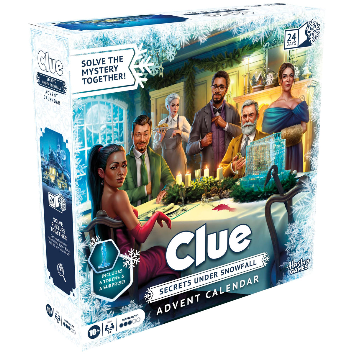 Clue Advent Calendar: Secrets Under Snowfall | 24 Days | Family Mystery Games | with 6 Winter-Themed Tokens and Surprise | Ages 10+ | 1+ Players
