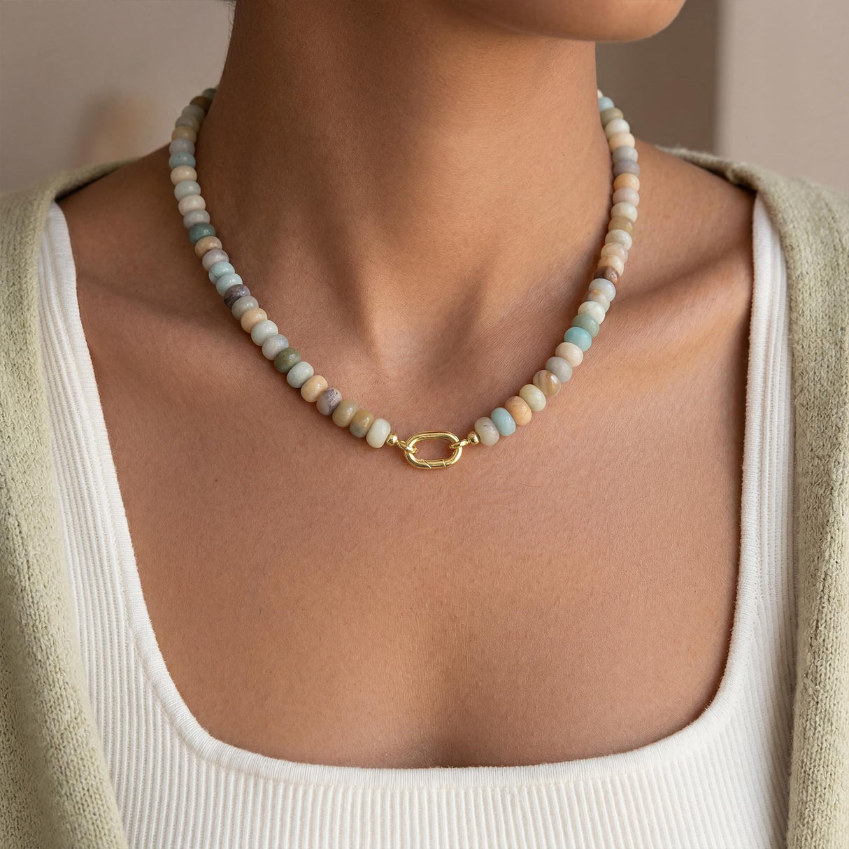 ROISE LADY Amazonite Natural Stone Beaded Necklaces for Women Boho Gemstone Bead Choker Summer Beach Vacation statement Trendy Charm Necklace