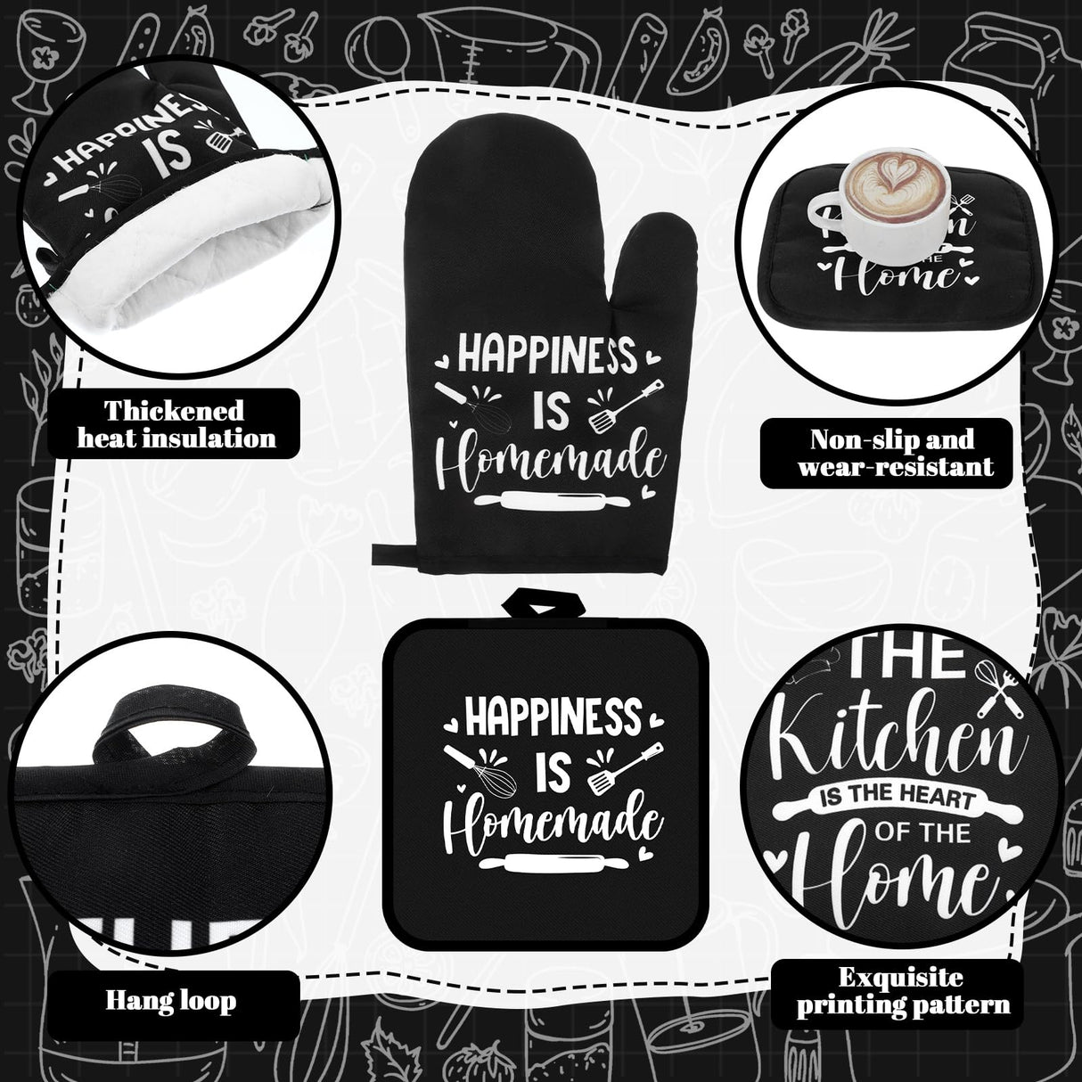 Fourluoo 10 Pcs Farmhouse Kitchen Decor and Accessories Set 4 Kitchen Towels 2 Pot Holders 2 Oven Mitts 2 Rugs for Christmas Thanksgiving Cooking Baking Daughter Mom Gifts(Black,Classic Style)