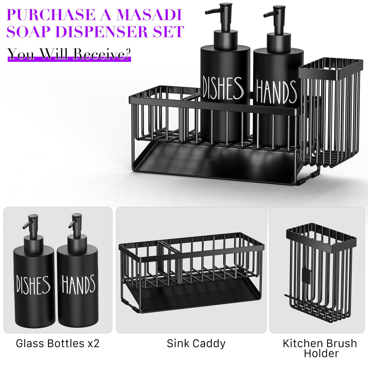 MASADI Kitchen Dish Soap Dispenser Set with Sponge Holder, 12OZ Glass Bottle, Hand and Dish Soap Dispenser Set, Non-Slip Silicone Pad, Brush Holder, Kitchen Sink Organizer Countertop (Black)