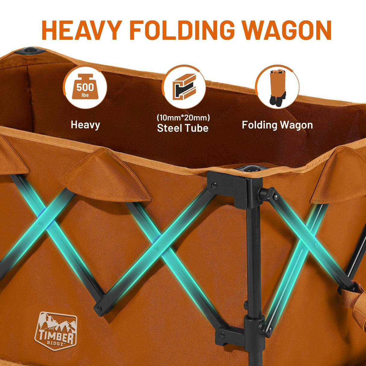 TIMBER RIDGE Outdoor Collapsible Folding Wagon with Brakes and Cup Holders, 500lbs Heavy Duty All Terrain Wheels Utility Cart for Shopping Camping Garden Sports, Orange