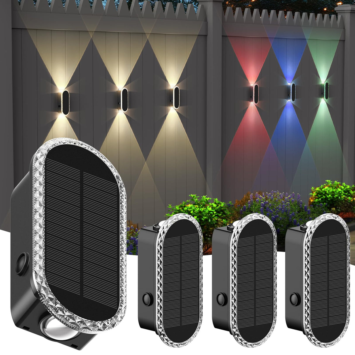 Herzila 4 Pack Solar Fence Lights, RGBW 8-Color Changing Waterproof Top and Bottom Lighting Wall for Landscape/Fence/Patio/Wall/Garden Christmas Solar Lights (2 Installation Modes)