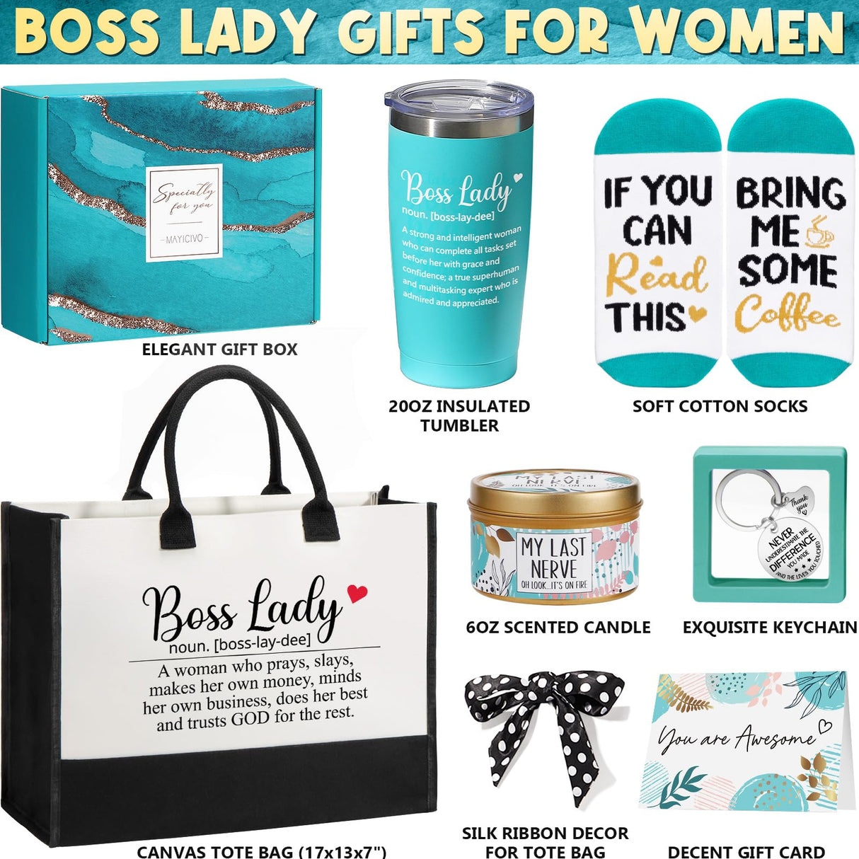 Boss Day Gifts for Her Women, Best Boss Lady Gifts for Women Cool Bosses Gift Basket for Female, Funny Thank You Bosses Lady Appreciation Birthday Christmas Farewell Gift Set with Canvas Tote Bag