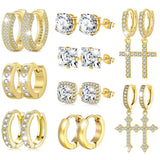 FEYIR 9 Pairs Earrings for Men Stainless Steel Small Hoop Earrings Hypoallergenic CZ Cross Dangle Earrings Cubic Zirconia Stud Earrings Huggie Men's Earrings Set