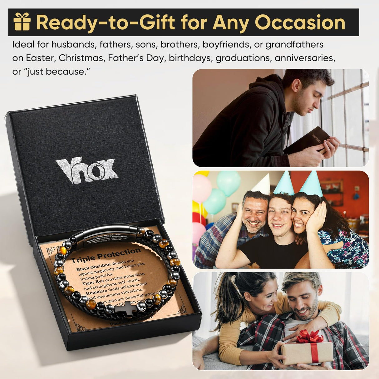 VNOX Hematite Obsidian Tiger Eye Bead Leather Men Bracelet,JOSHUA 1 9
