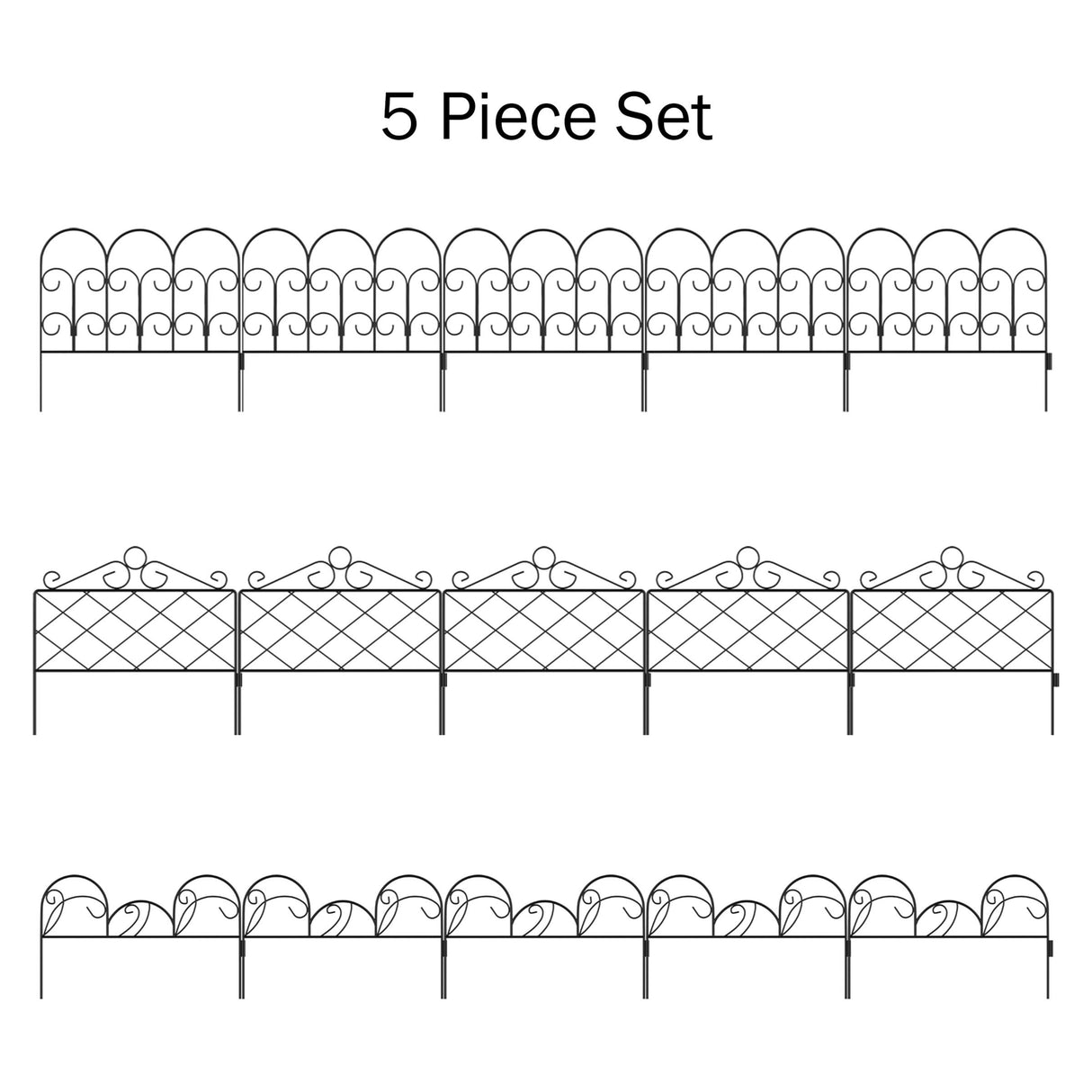 Metal Garden Fencing - Set of 5 Interlocking Panels for Flower Beds and Landscaping - Decorative Scroll Edging with Lawn Stakes by Pure Garden (Black)