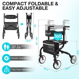 PLANET WALK Super Lightweight Rollator Walker for Seniors, Foldable Rolling Walker with Seat and 8" Rubber Wheels for All Terrain, Unique Design Aluminium Frame Sturdy Walkers for Traveling - Black