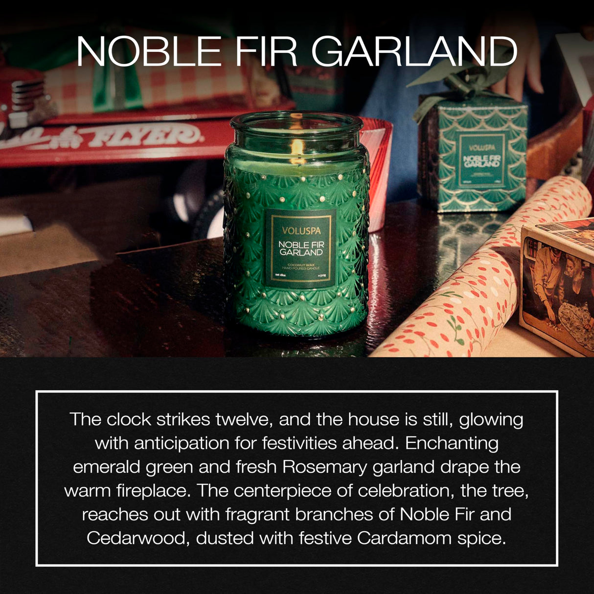 Voluspa Noble Fir Garland, Large Candle Jar, 18oz, Coconut Wax Blend, Christmas Scented Candles for Home, 100 Hour Burn Time, Poured in the USA
