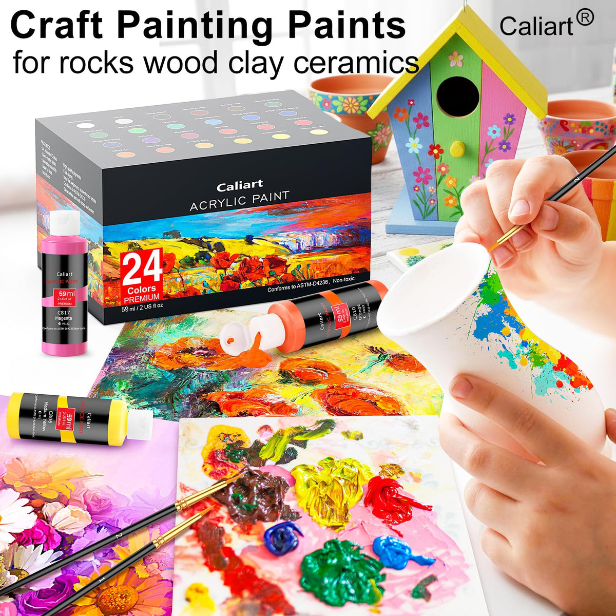 Caliart Acrylic Paint Set of 24 Colors with 12 Brushes